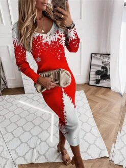 Women's Christmas Dress Sweater Dress Jumper Dress Midi Dress Warm Snowflake Outdoor Christmas Daily Holiday V Neck Long Sleeve 2023 Regular Fit Red Blue Green S M L XL XXL 3XL
