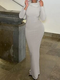 Women's Work Dress Casual Dress Sheath Dress Fashion Office Daily Long Dress Maxi Dress Ruched High Neck Long Sleeve Plain Regular Fit Black Purple Brown Spring Fall S M L -Tesla Style jwaxzr1694588273626