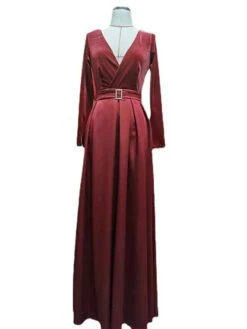 Women‘s Party Dress Velvet Dress Red Long Dress Maxi Dress Wine Long Sleeve Pure Color Ruched Pleated Split Winter Fall V Neck Party Hot Elegant Fall Dress Slim 2023 S M L XL Winter Dress -Tesla Style jwlaiq1668516397132