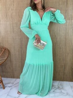 Women's Prom Dress Party Dress Sheath Dress Long Dress Maxi Dress Pink Green Dark Blue Long Sleeve Pure Color Ruched Fall Winter Autumn V Neck Fashion Evening Party Vacation 2023 S M L XL XXL 3XL 4XL -Tesla Style jwrenh1695113000166