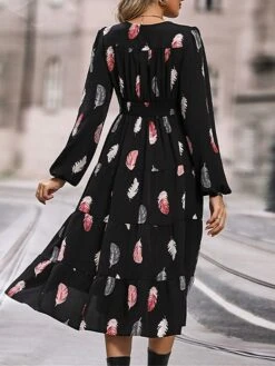 Women's Work Dress Casual Dress Swing Dress Fashion Winter Dress Daily Midi Dress Button Split V Neck Long Sleeve Print Regular Fit Black Fall Winter S M L XL -Tesla Style jwrqvx1695096212152