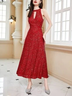 Women‘s Party Dress Sequin Dress Cocktail Dress Midi Dress Wine Sleeveless Pure Color Sparkly Glitter Sequins Summer Spring Fall Halter Neck Fashion Wedding Guest Vacation Summer Dress Slim -Tesla Style jxxfhv1690523431385