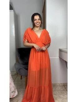 Women's Party Dress Casual Dress Wedding Guest Dress Long Dress Maxi Dress Orange Short Sleeve Pure Color Ruched Summer Spring Fall V Neck Fashion Party Birthday Vacation 2022 S M L XL -Tesla Style jygrxj1687854656851