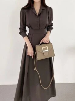 Women's Work Dress Semi Formal Dress A Line Dress Fashion Office Daily Workfashion Midi Dress Ruched Button Shirt Collar Long Sleeve Plain Loose Fit Black Brown Apricot Fall Winter S M L XL -Tesla Style jyoxiu1695805448314