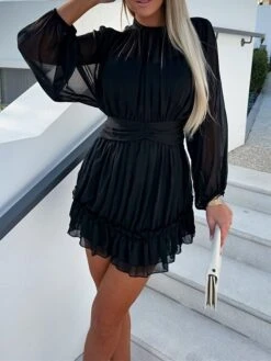 Women's Work Dress Sheath Dress Chiffon Dress Fashion Winter Dress Office Daily Mini Dress Ruched Crew Neck Long Sleeve Stripe Plain Regular Fit Black White Purple Fall Winter S M L XL -Tesla Style jzcpbk1695096217059