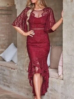 Womenâs Wedding Guest Dress Party Dress Bodycon Sheath Dress Midi Dress White Wine Navy Blue Half Sleeve Pure Color Lace Fall Spring Autumn Crew Neck Elegant Spring Dress Slim 2023 S M L XL