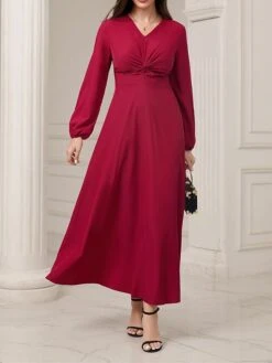 Women's Party Dress Cocktail Dress Wedding Guest Dress Long Dress Maxi Dress Red Long Sleeve Pure Color Ruched Fall Winter Autumn V Neck Fashion Winter Dress Wedding Guest Vacation 2023 S M L XL -Tesla Style jzmuit1695111804984