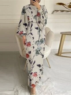 Women's Work Dress Sheath Dress Semi Formal Dress Fashion Long Dress Maxi Dress Print Crew Neck Long Sleeve Floral Loose Fit Army Green Apricot Fall Winter S M L XL XXL -Tesla Style kacvya1693374194610