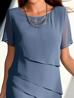 Women's Work Dress Sheath Dress Chiffon Dress Fashion Midi Dress Layered Crew Neck Short Sleeve Plain Loose Fit Wine Blue Green Summer Spring S M L XL XXL -Tesla Style kaeaif1685357625781