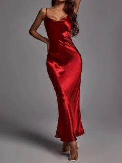 Women‘s Christmas Prom Dress Party Dress Satin Dress Long Dress Maxi Dress Red Gold Sleeveless Pure Color Backless Spring Fall Winter Spaghetti Strap Fashion Birthday Evening Party Wedding Guest -Tesla Style kakred1692173957910