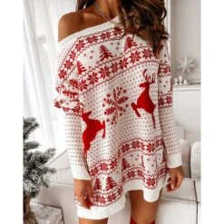 Women‘s Christmas Sweater Dress Winter Dress Casual Dress Red White Long Sleeve Elk Tree Snowflake Knit Print Winter Fall Crew Neck Fashion Casual Fit 2022 S M L XL -Tesla Style kaqkpo1662546641800
