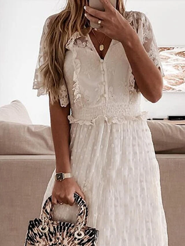 Women's Long Dress Maxi Dress Party Dress Casual Dress White Dress Polka Dot Basic Modern Outdoor Daily Holiday Lace Ruched Short Sleeve V Neck Dress Loose Fit White Summer Spring S M L XL XXL 4 Women's Long Dress Maxi Dress Party Dress Casual Dress White Dress Polka Dot Basic Modern Outdoor Daily Holiday Lace Ruched Short Sleeve V Neck Dress Loose Fit White Summer Spring S M L XL XXL - Image 2