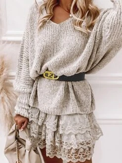 Women‘s Sweater Dress Winter Dress Knit Dress Mini Dress Beige Long Sleeve Floral With Belt Fall Winter Autumn V Neck Stylish Winter Dress Fall Dress 2023 S M L XL XXL 3XL -Tesla Style kbebde1672381006504