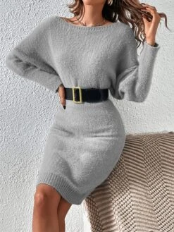 Women's Sweater Dress Winter Dress Jumper Dress Midi Dress Patchwork Street Daily Date Fashion Streetwear Crew Neck Long Sleeve 2023 Slim Black White Khaki Color S M L XL Size -Tesla Style kbrxbe1692095368422