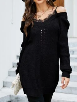Women's Sweater Dress Winter Dress Jumper Dress Mini Dress Patchwork Cold Shoulder Daily Date Going Out Active Fashion V Neck Long Sleeve 2023 Loose Fit Black Blue Gray Color S M L XL Size -Tesla Style kbunwc1692857018119