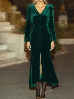 Women's Prom Dress Party Dress Velvet Dress Long Dress Maxi Dress Black Pink Wine Long Sleeve Pure Color Button Fall Winter Autumn V Neck Fashion Winter Dress Birthday Evening Party 2023 S M L XL XXL -Tesla Style kbwjob1693535346158