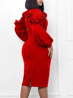 Women's Party Dress Work Dress Bodycon Midi Dress Black Yellow Red Long Sleeve Pure Color Ruffle Spring Fall Winter V Neck Elegant Slim 2023 S M L XL 2XL -Tesla Style kbywav1669704883282