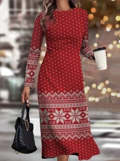 Women's Christmas Work Dress Casual Dress Semi Formal Dress Fashion Winter DressDaily Midi Dress Print Crew Neck Long Sleeve Elk Snowflake Slim Black Wine Blue Fall Winter S M L XL XXL