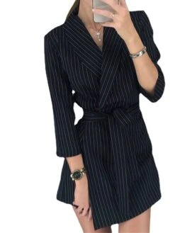 Women's Shirt Dress Casual Dress Sheath Dress Mini Dress Outdoor Office Business Polyester Classic Modern Shirt Collar Lace Up Print Long Sleeve Summer Spring Fall 2023 Loose Fit Black Striped S M L -Tesla Style kccsqm1677234553639