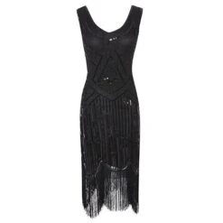 Women‘s Halloween Dress Party Dress Fringe Dress Knee Length Dress Black Gold Sapphire Silver Gray Khaki Green White Black Red Sleeveless Geometric Abstract Sequins Tassel Fringe Spring U Neck Elegant -Tesla Style kcgfur1630486565533