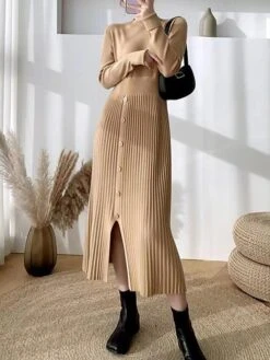 Women's Sweater Dress Winter Dress Jumper Dress Midi Dress Pleated Button Daily Date Going Out Fashion Basic Crew Neck Long Sleeve 2023 Slim Black Brown Green Color S M L XL Size -Tesla Style kcixcr1692687922108