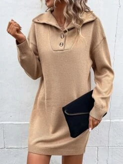 Women's Sweater Dress Jumper Dress Casual Dress Mini Dress Warm Pure Color Outdoor Casual Daily Going Out Lapel Long Sleeve Button 2023 Loose Fit Khaki S M L -Tesla Style kcyttd1695106689037