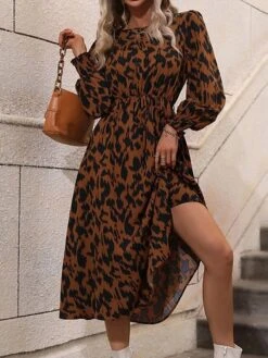 Women's Work Dress Casual Dress Swing Dress Fashion Daily Workfashion Midi Dress Print Crew Neck Long Sleeve Leopard Loose Fit Red Orange Fall Winter S M L XL -Tesla Style kddzst1695030993790