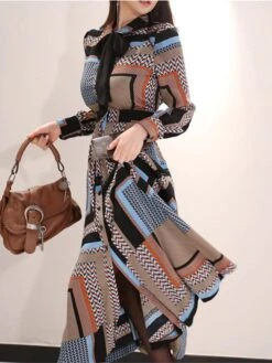 Women's Work Dress Sheath Dress Swing Dress Fashion Winter Dress Office Daily Long Dress Maxi Dress Button Print V Neck Long Sleeve Stripe Print Regular Fit Khaki Fall Winter S M L XL