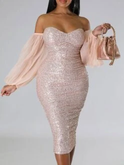 Women's Cocktail Party Dress Sequin Dress Bodycon Midi Dress Black Pink Red Long Sleeve Pure Color Sequins Winter Fall Spring Strapless Hot Date 2023 S M L XL 2XL -Tesla Style kdzlpc1671445738764