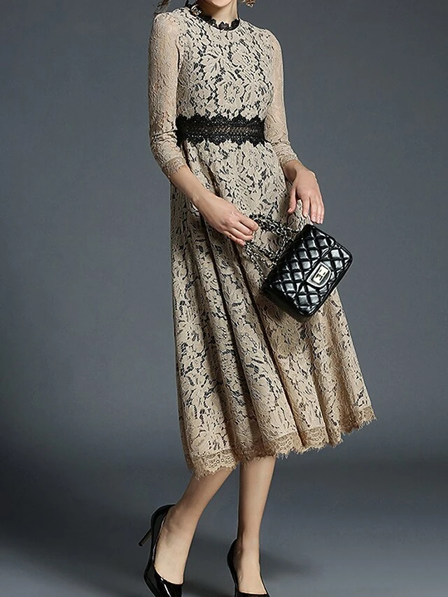 Women's Party Dress Casual Dress Lace Dress Midi Dress Blue Khaki 3/4 Length Sleeve Pure Color Lace Fall Winter Autumn Crew Neck Fashion Vacation 2023 S M L XL XXL 3XL 4XL 5XL 6 Women's Party Dress Casual Dress Lace Dress Midi Dress Blue Khaki 3/4 Length Sleeve Pure Color Lace Fall Winter Autumn Crew Neck Fashion Vacation 2023 S M L XL XXL 3XL 4XL 5XL - Image 4