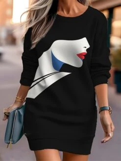 Women's Casual Dress Sweatshirt Dress Mini Dress Warm Fashion Outdoor Vacation Going Out Crew Neck Print Print Loose Fit Black White Red S M L XL XXL -Tesla Style kellsa1694596716518