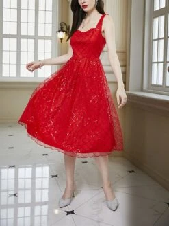 Women‘s Party Dress Homecoming Dress Cocktail Dress Midi Dress Red Sleeveless Pure Color Sparkly Glitter Sequins Summer Spring Fall Spaghetti Strap Fashion Wedding Guest Vacation Summer Dress -Tesla Style keniyu1690857834232