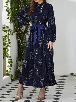 Women's Party Dress Cocktail Dress Wedding Guest Dress Long Dress Maxi Dress Blue Dark Blue Long Sleeve Flower Lace Up Fall Winter Autumn Crew Neck Fashion Winter Dress Wedding Guest Vacation 2023 S