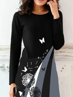 Women's Casual Dress Winter Dress Sweatshirt Dress Butterfly Dandelion Print Crew Neck Mini Dress Fashion Streetwear Outdoor Daily Long Sleeve Loose Fit Black Fall Winter S M L XL XXL -Tesla Style kevkzm1694082056341