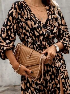 Women's Work Dress Casual Dress Swing Dress Fashion Office Daily Workfashion Midi Dress Split Print V Neck Long Sleeve Leopard Print Loose Fit Blue Brown Green Fall Winter S M L XL XXL -Tesla Style kfadyf1695030983919