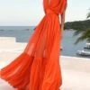 Women's Party Dress Casual Dress Wedding Guest Dress Long Dress Maxi Dress Orange Short Sleeve Pure Color Ruched Summer Spring Fall V Neck Fashion Party Birthday Vacation 2022 S M L XL -Tesla Style kfcfrq1622717018581