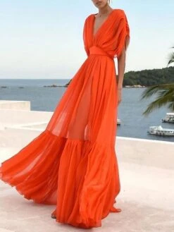 Women's Party Dress Casual Dress Wedding Guest Dress Long Dress Maxi Dress Orange Short Sleeve Pure Color Ruched Summer Spring Fall V Neck Fashion Party Birthday Vacation 2022 S M L XL