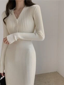 Women‘s Sweater Dress Winter Dress Sheath Dress Midi Dress Black White Green Long Sleeve Pure Color Button Fall Winter Autumn V Neck Stylish Winter Dress Fall Dress 2023 One-Size -Tesla Style kgfnld1665656616890