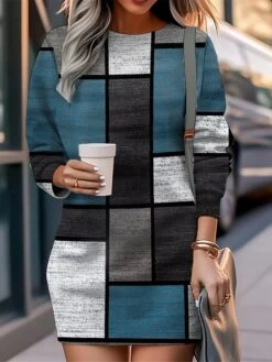 Women's Casual Dress Sweatshirt Dress Mini Dress Warm Fashion Outdoor Holiday Vacation Crew Neck Print Geometric Loose Fit Yellow Burgundy Blue S M L XL XXL -Tesla Style kgmxbr1694590808823