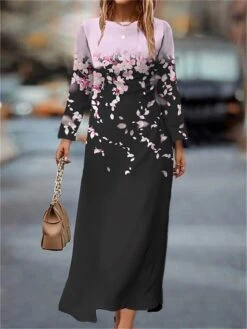 Women's Work Dress Casual Dress Semi Formal Dress Fashion Winter Dress Daily Midi Dress Print Crew Neck Long Sleeve Floral Slim Pink Purple Green Fall Winter S M L XL XXL -Tesla Style kguswj1694426137281