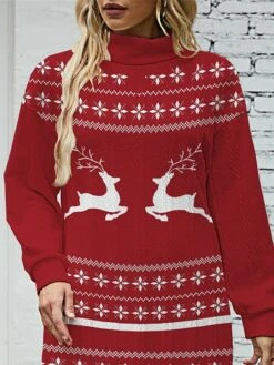 Women‘s Christmas Sweater Dress Jumper Dress Winter Dress Warm Snowflake Deer Outdoor Christmas Daily Vacation Turtleneck Long Sleeve 2023 Loose Fit Burgundy S M L XL XXL 3XL -Tesla Style khhyyy1696670903741