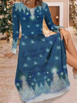 Women's Work Dress Casual Dress Swing Dress Fashion Winter Dress Christmas Daily Midi Dress Print Crew Neck Long Sleeve Elk Snowflake Regular Fit Wine Red Blue Fall Winter S M L XL XXL -Tesla Style khrkbc1695350908365