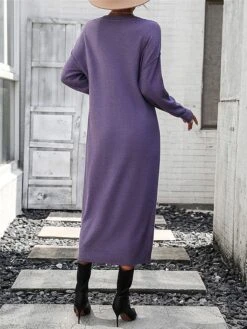 Women's Sweater Dress Winter Dress Jumper Dress Midi Dress Button Daily Date Going Out Fashion Basic Crew Neck Long Sleeve 2023 Loose Fit Black White Purple Color S M L XL Size -Tesla Style khwohw1691991559487
