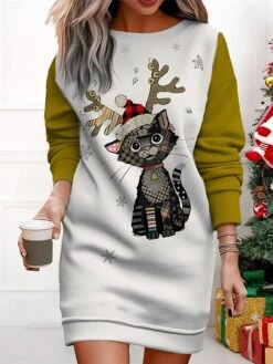 Women's Christmas Casual Dress Sweatshirt Dress Mini Dress Warm Fashion OutdoorVacation Crew Neck Print Animal Loose Fit Black Yellow Red S M L XL XXL -Tesla Style kicerk1695365427450