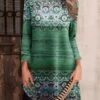 Women's Work Dress Casual Dress Fashion Winter Dress Daily Mini Dress Print Crew Neck Long Sleeve Stripe Tribal Regular Fit Red Blue Green Fall Winter S M L XL XXL