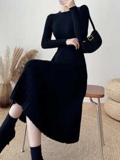 Women's Sweater Dress Jumper Dress Casual Dress Midi Dress Fashion Pure Color Outdoor Daily Going Out Crew Neck Long Sleeve 2023 Slim Black Blue Apricot One Size -Tesla Style kiknjs1696670408026