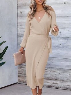 Women's Sweater Dress Jumper Dress Casual Dress Midi Dress Warm Pure Color Outdoor Casual Daily Going Out V Neck Long Sleeve Lace Up 2023 Slim Black White Green S M L XL XXL 3XL -Tesla Style kinomv1695030480290