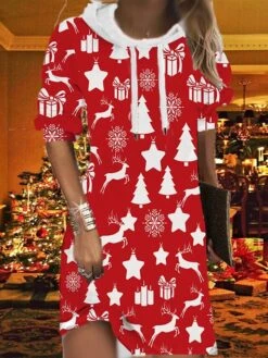 Women's Christmas Hoodie Dress Shift Dress Mini Dress Black Blue Wine Long Sleeve Plaid Print Fall Spring Hooded Fashion Christmas Daily Loose Fit 2022 S M L XL XXL 3XL -Tesla Style kjapku1667635644545