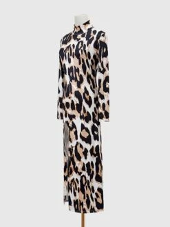 Women's Work Dress Sheath Dress Black Dress Fashion Midi Dress Split Print Turtleneck Long Sleeve Animal Leopard Slim Black White Yellow Fall S M L XL XXL -Tesla Style kjfxmw1693299453172