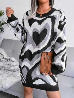 Women's Sweater Dress Jumper Dress Casual Dress Mini Dress Fashion Color Block Heart Outdoor Daily Vacation Going Out Crew Neck Long Sleeve 2023 Loose Fit Black Brown Khaki S M L -Tesla Style kjhuzv1694756608013